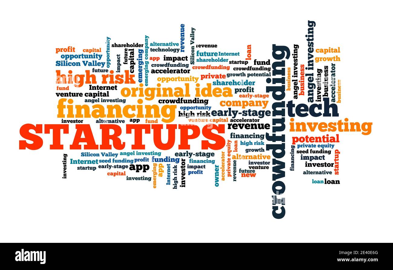 Concetto di startup. Firma del cloud di parola dell'azienda di start-up tecnologico. Foto Stock