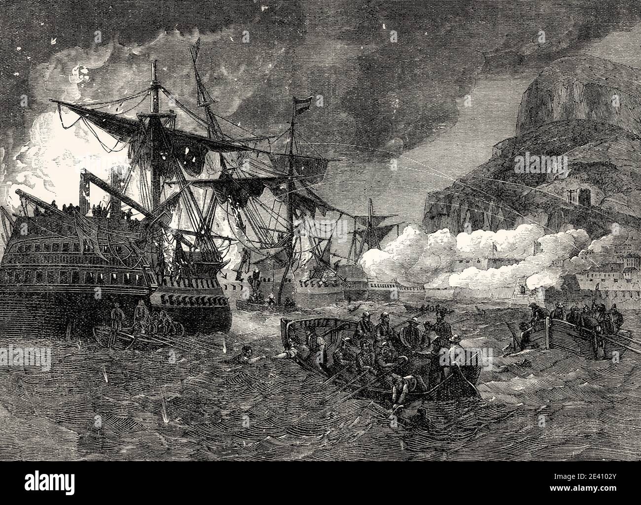 Grande assedio di Gibilterra, il grande attacco a Gibilterra, ottobre 1782, Guerra della Rivoluzione americana, dalle battaglie britanniche sulla Terra e sul Mare, di James Grant Foto Stock