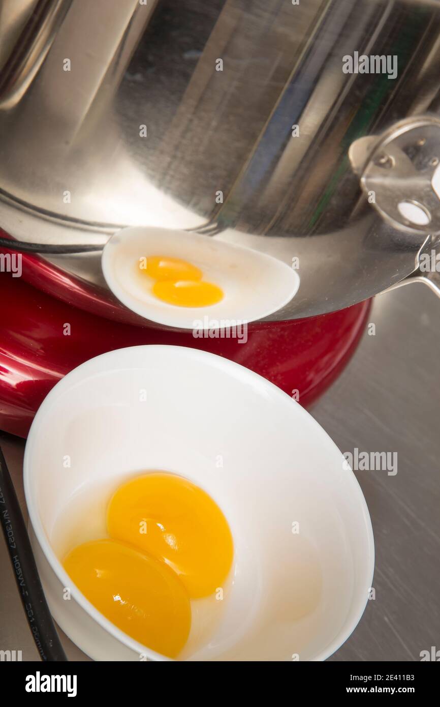 Tuorli d'uovo gialli luminosi in un recipiente bianco. I tuorli d'uovo si riflettono sulla superficie metallica. Primo piano. Foto Stock