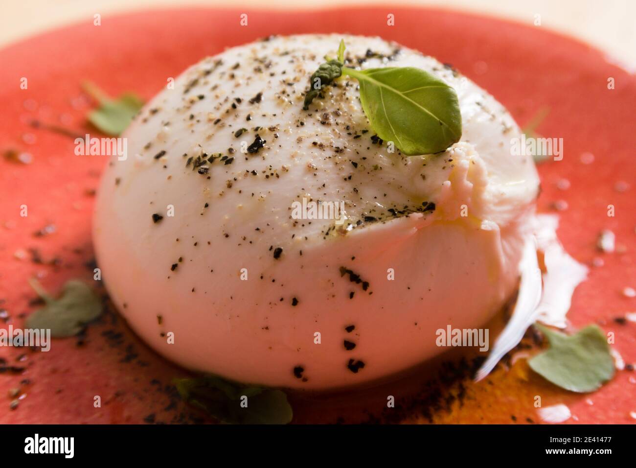 Una mozzarella di bufala su un piatto con basilico Foto Stock