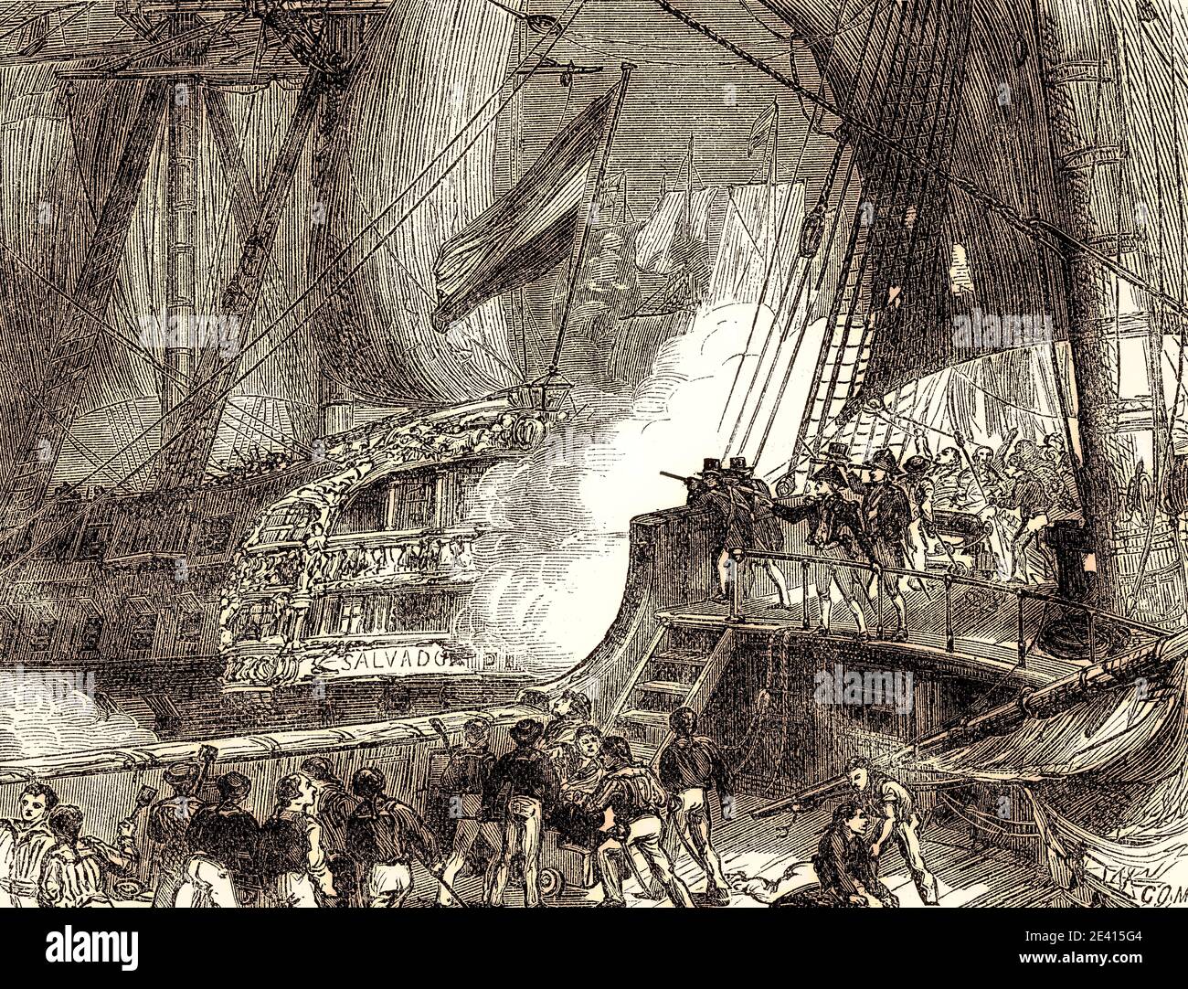 La Battaglia di Capo San Vincenzo, 14 febbraio 1797, Capo San Vincenzo, Portogallo, Guerra anglo-spagnola, dalle battaglie britanniche sulla Terra e sul Mare, di James Grant Foto Stock