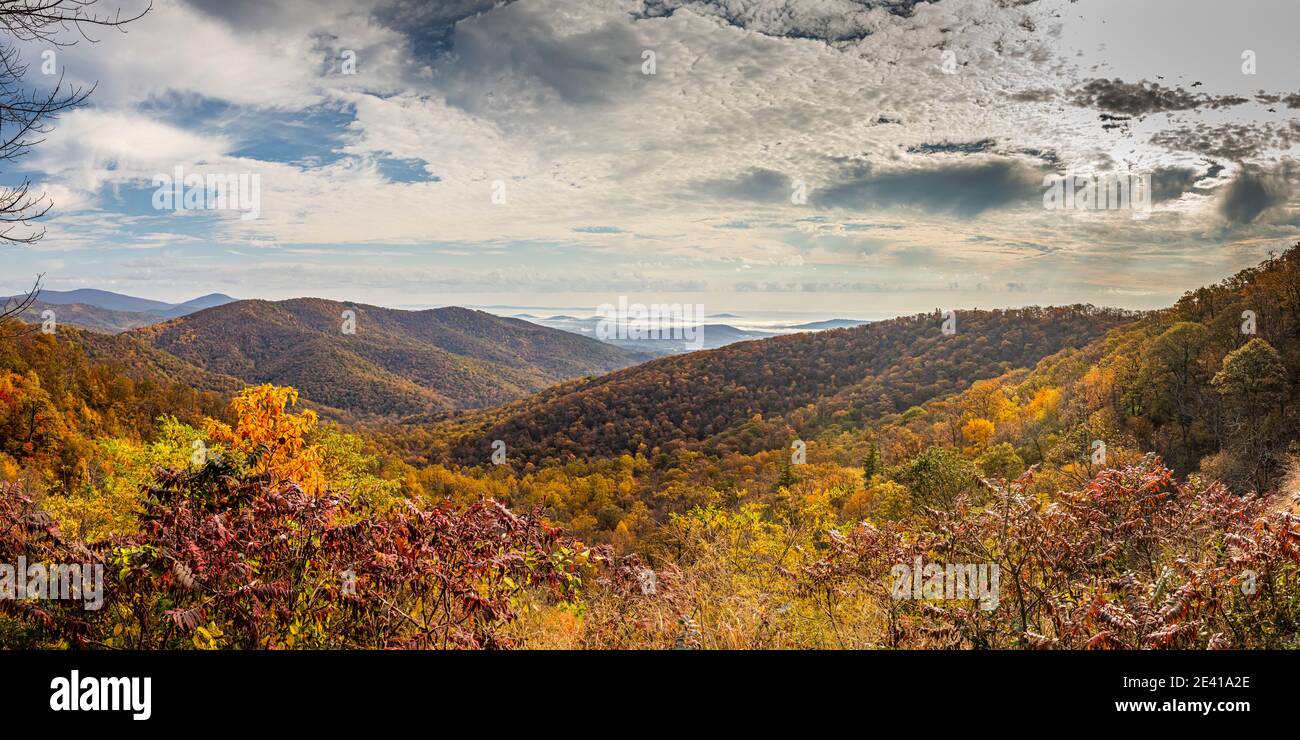 Vista del Parco Nazionale di Shenandoah e delle Blue Ridge Mountains dal famoso Skyline Drive Tunnel Parking Overlook del parco. Foto Stock