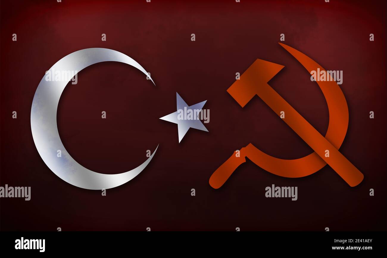 Il martello russo e la falce con la mezzaluna turca e la stella, su un fondo rosso profondo Foto Stock