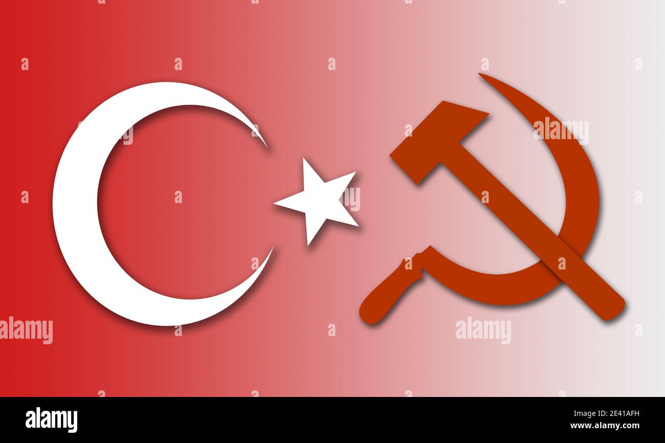 Il martello russo e la falce con la mezzaluna turca e la stella, su un fondo rosso profondo Foto Stock