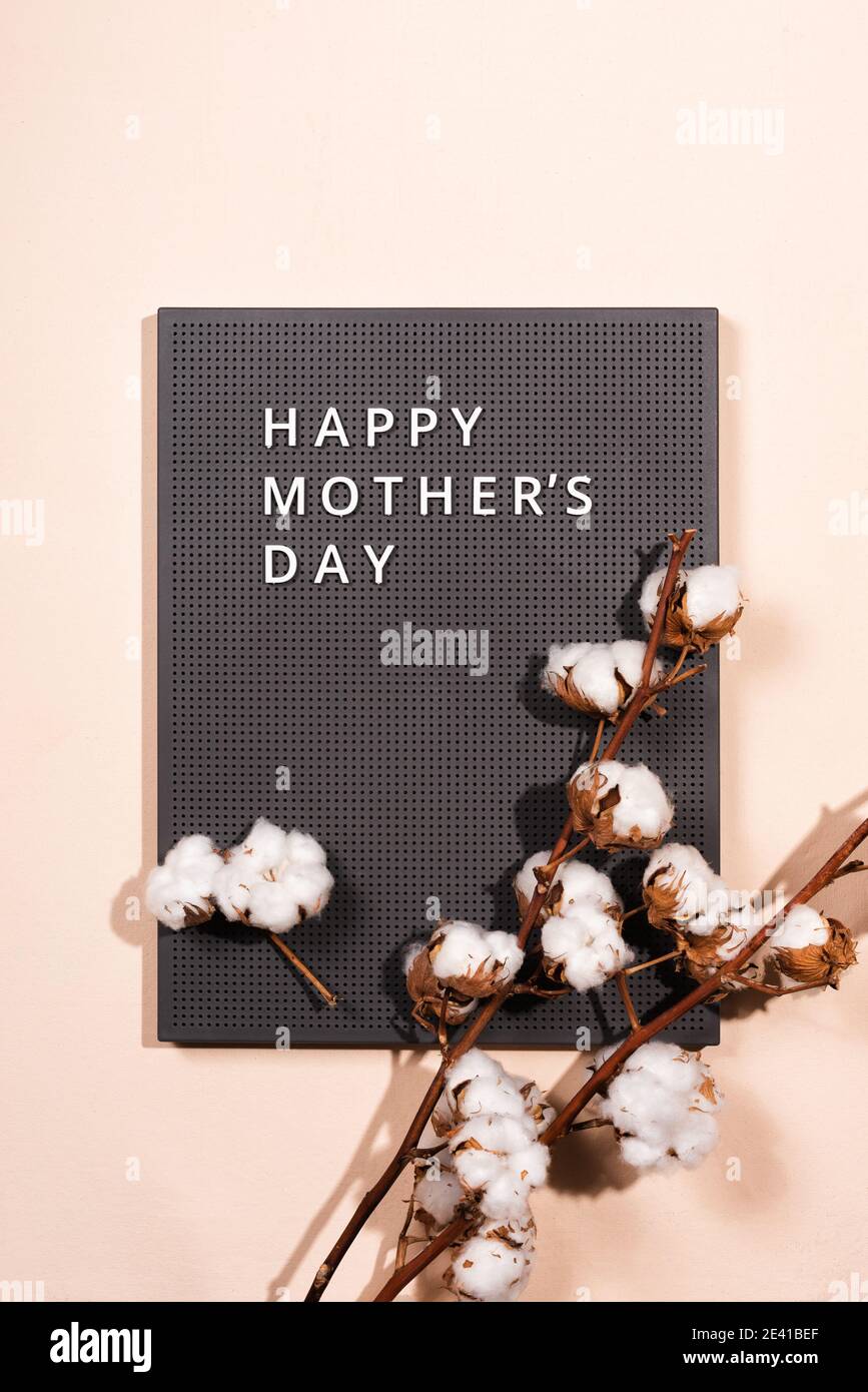 Tavola di plastica grigia con citazioni bianche Happy Mother's Day e ramo di cotone su sfondo beige. Foto Stock