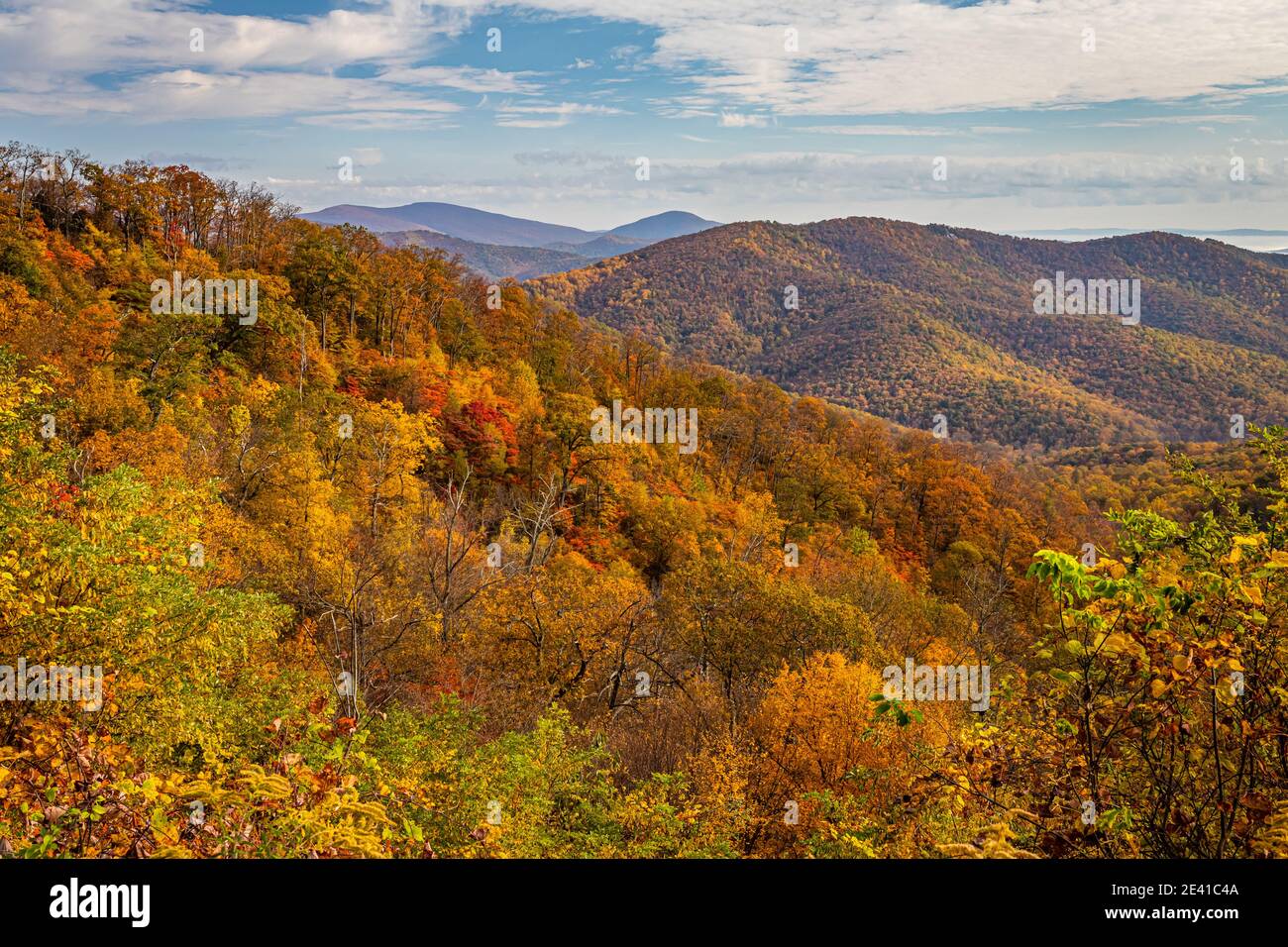 Vista del Parco Nazionale di Shenandoah e delle Blue Ridge Mountains dal famoso Skyline Drive Tunnel Parking Overlook del parco. Foto Stock