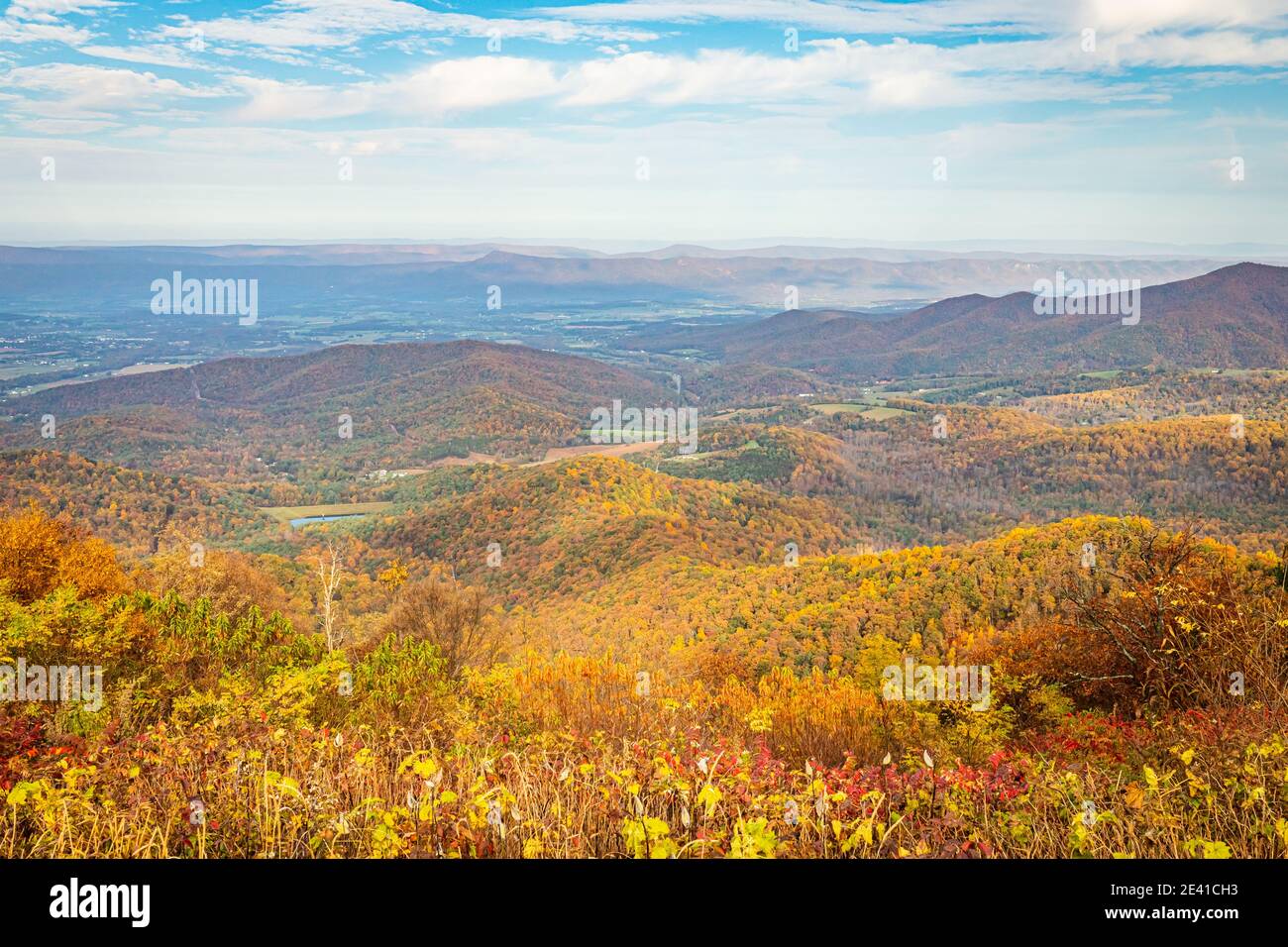 Vista del Parco Nazionale di Shenandoah e delle Blue Ridge Mountains dal famoso punto panoramico Skyline Drive di Jewell Hollow. Foto Stock