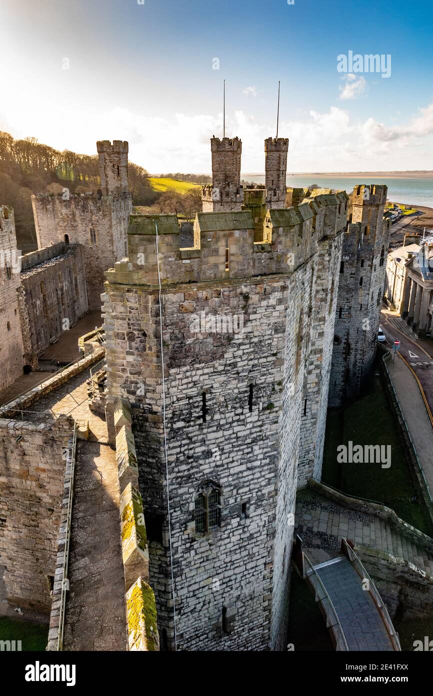 Castello di Caernarfon, Gwynedd, Galles del Nord Foto Stock