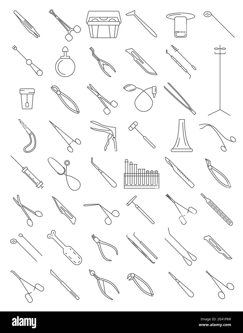 Set di icone lineari sottili per strumenti medicali. Ginecologia, otorinolaringologia, odontoiatria, chirurgia, terapia e altro. Illustrazione vettoriale Illustrazione Vettoriale