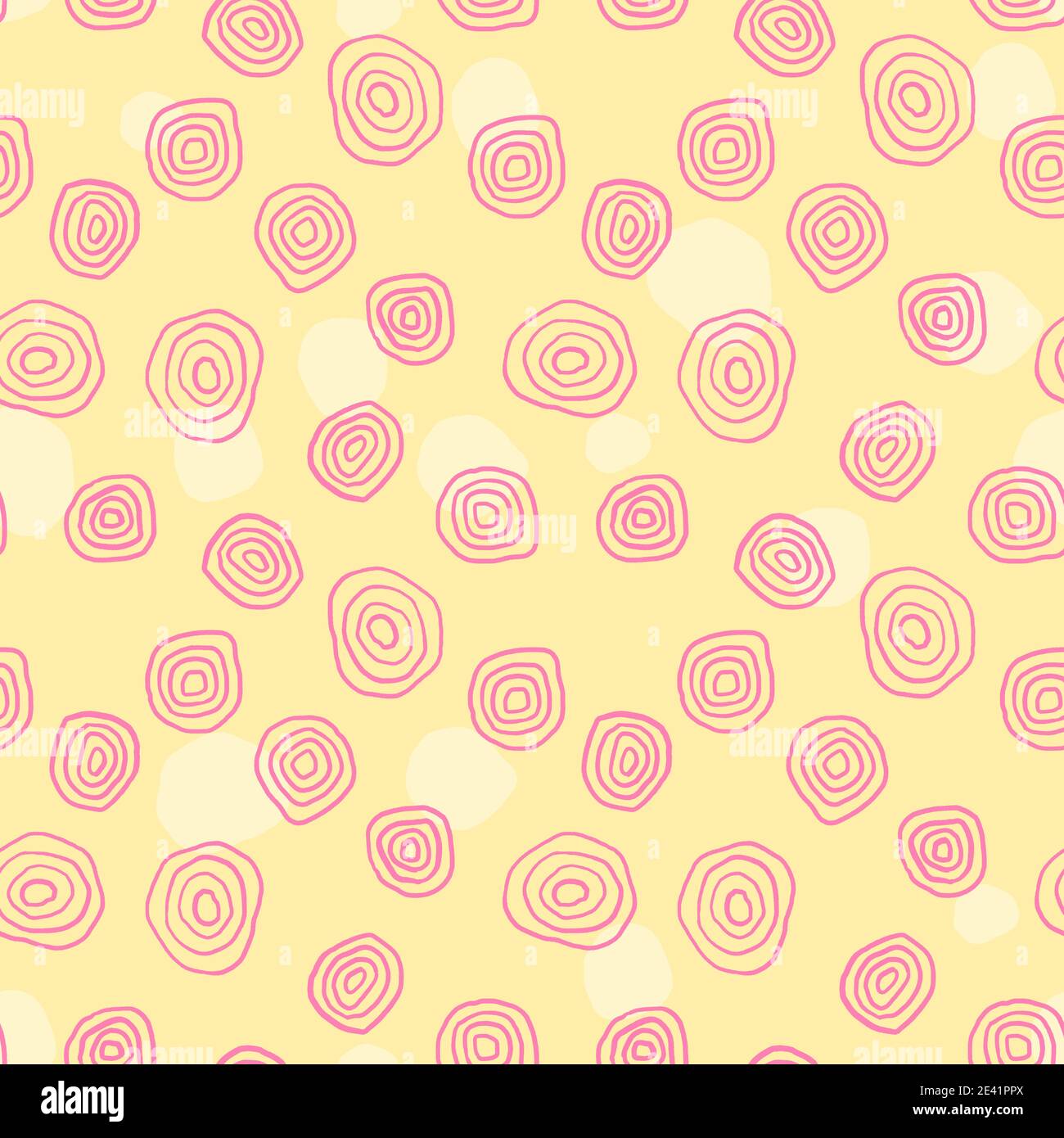 Stampa tessile motivo senza giunture. Disegno vettoriale con cerchi colorati disegnati a mano. Colore rosa su giallo. Illustrazione Vettoriale