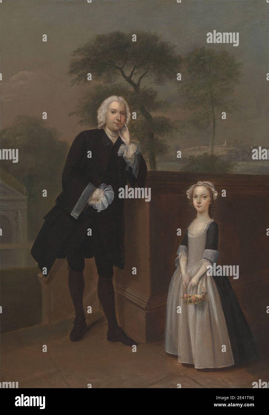 Arthur Devis, 1712â–1787, inglese, un uomo sconosciuto con sua figlia, tra il 1746 e il 1748. Olio su tela. Cesto , nero , cappello (copricapo) , pezzo conversazione , polsini , figlia , fiori (piante) , Signore , ragazza , pendente , uomo , ritratto , scala , gradini , muro Foto Stock