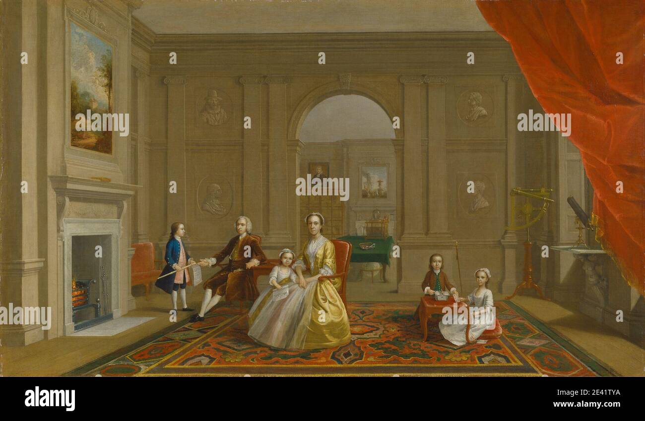 Arthur Devis, 1712â–1787, British, la famiglia John Bacon, tra il 1742 e il 1743. Olio su tela. Arco , ragazzi , busti , carte , bambini , colonne , conversazione pezzo , coppia , tendaggi , famiglia , camino , giochi , ragazza , globo , casa , interni , uomo , musica , strumento musicale , pittura (lavoro visivo) , ritratto , camera , scienza , seduta , sestante , bastone , tavolo , telescopio , bianco (colore) , finestra , donna. Pancetta, John Foto Stock