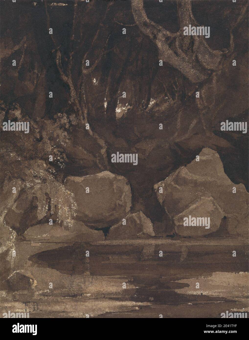 Francis Danby, 1793â–1861, Irlandese, The Haunted Wood, non ondeggiato. Il lavaggio marrone e l'inchiostro marrone con graffiatura fuori su carta di wove moderatamente spessa, leggermente testurizzata, crema. Scuro , folklore , geologia , paesaggio , luce , notte , stagno , rocce (forme di terra) , ombra , alberi , legno Foto Stock