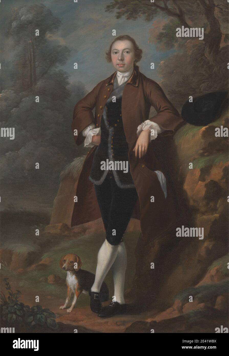 Arthur Devis, 1712â–1787, British, William Farington of Shawe Hall, Lancashire, ca. 1743. Olio su tela. Nero , cane (animale) , cappello , pendente , uomo , ritratto , rocce (forme di terra). Farington, William Foto Stock