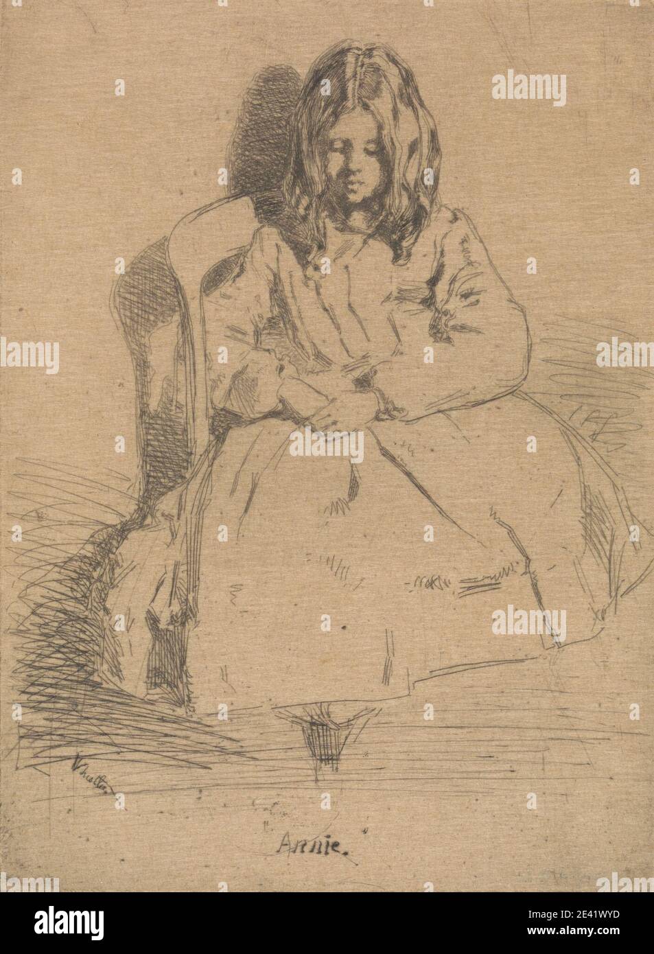 Stampa realizzata da James McNeill Whistler, 1834â–1903, americano, attivo in Gran Bretagna (dal 1859), Little Annie seduto, non datato. Incisione su carta media, leggermente testurizzata, beige posata. Sedia , bambino , abito , genere soggetto , ragazza , ombra Foto Stock