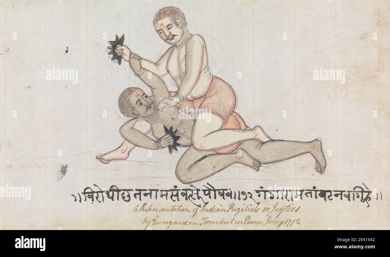 Gangaram Chintaman Tambat, attivo 1790, anglo-indiano, Two Jeyties Wrestling, 1792. Acquerello e grafite con inchiostro a penna e marrone su carta media, leggermente testurizzata, crema. Foto Stock