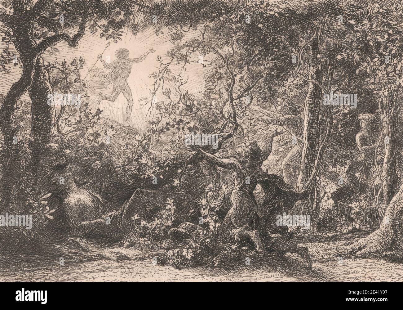 Stampa di Samuel Palmer, 1805â–1881, inglese, attivo in Italia (1837â–39), The Vine, 1852. Incisione e secchezza su carta spessa, liscia, crema di wove. Cesto , capo , mantello , figure , fogliame , cibo , uva , paesaggio , foglie , luce , monarca , soggetto religioso e mitologico , aspetti specifici, aspetti allegorici di Bacco; Bacco come patrono , alberi , iva , vite , vino. Shakespeare, William (1564â-1616), drammaturgo e poeta Bacco Foto Stock