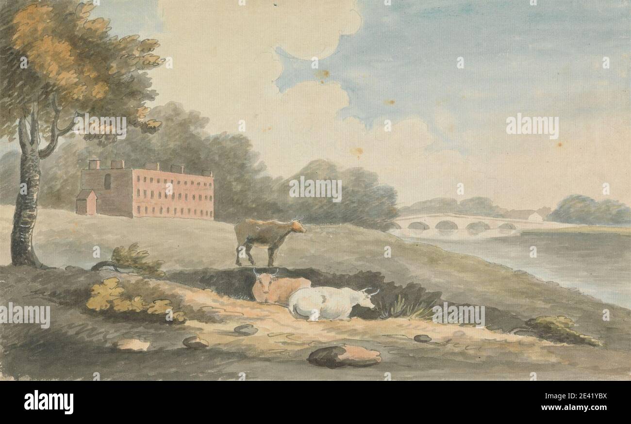 Edward Francis Burney, 1760â–1848, inglese, Pasturale, non datato. Acquerello e penna e inchiostro nero su carta media, leggermente testurizzata, crema di wove. ponte (lavori costruiti) , mucche , paesaggio , pastorale , fiume , alberi , valle (landform) Foto Stock
