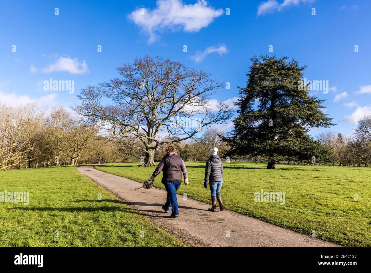 Persone che prendono l'esercizio quotidiano nella Youngsbury Estate a Thundridge, vicino a Ware in Hertfordshire durante il blocco COVID nel gennaio 2021 Foto Stock