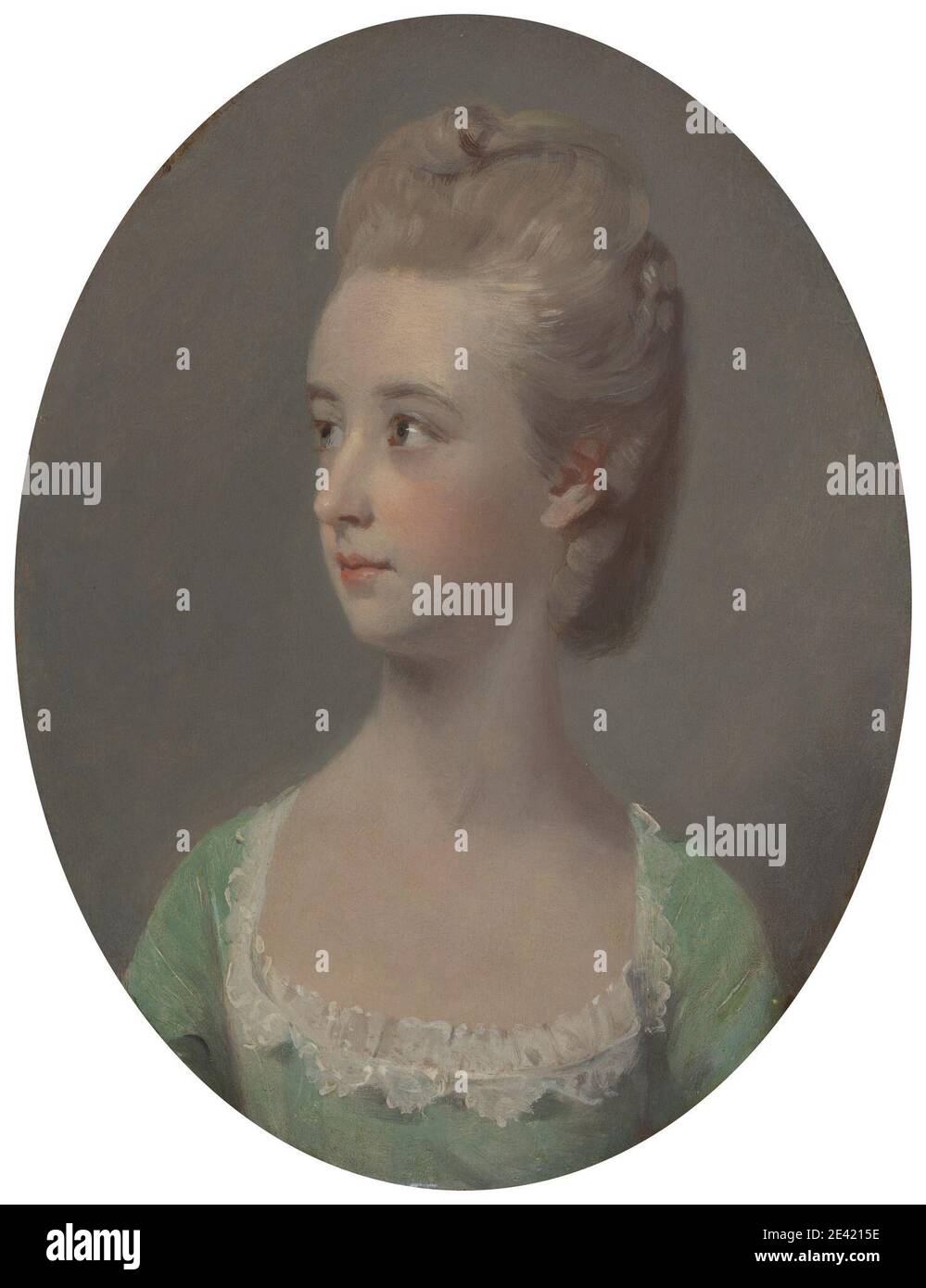 Henry Walton, 1746â–1813, britannico, Ritratto di una giovane donna, forse Miss Nettlethorpe, ca. 1770. Olio su pannello. Abito (costume) , acconciature , pizzo , ovale , ritratto , donna Foto Stock