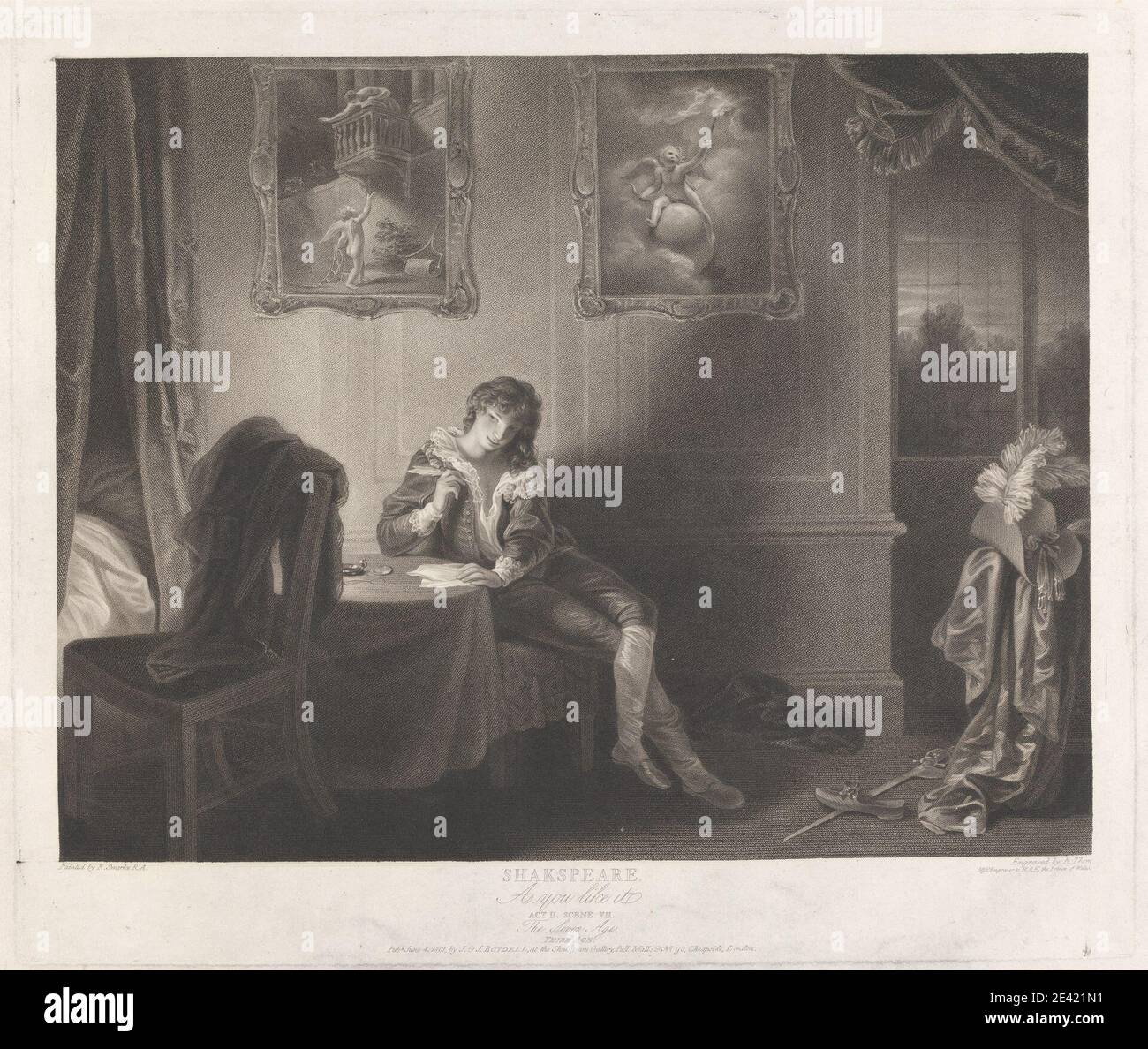 Robert Thew, 1758–1802, inglese, come piace a te: Atto II, scena VII: L'uomo delle sette età (terza età), 1803. Incisione su carta media, leggermente testurizzata, color crema. Come piace, giocare di William Shakespeare , balcone , letto , arco (accessorio costume) , calzoni , bottoni , capo , catena , sedie , cherubini , collare , polsini , tende , piume , frangia , cappello , giacca , pizzo , leader , luce , tema letterario , amante , uomo , miniatura , modanature , dipinti , pannelli , carta , cuscino , gioco , cappello , fogli , camicia , scarpa , pantofole , calze , spada , tavolo , tovaglia , torcia , alberi , w Foto Stock