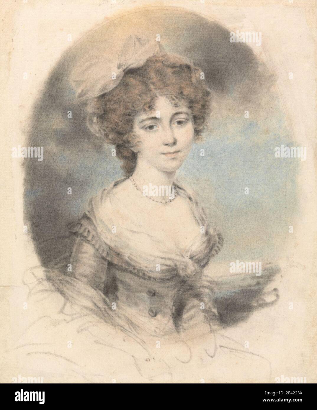 John Downman, 1750â–1824, inglese, Ritratto di una Signora, fronte, ondeggiato. Nero, rosso, giallo e blu gesso su grafite media, leggermente testurizzata, carta wove crema. Arco (accessorio costume) , costume , fichu , studio figura , donna , collana , nobiltà , ovale , perle , ritratto , donna Foto Stock