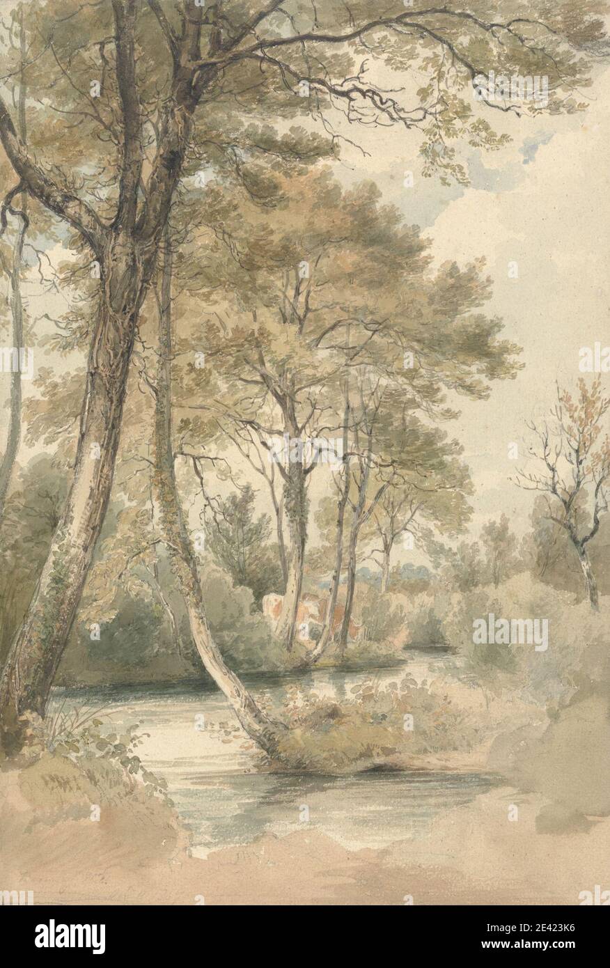 Henry Edridge, 1769â–1821, British, Stream con alberi e bestiame vicino a Bromley Hill, Kent, 1807. Acquerello e grafite su carta di wove crema moderatamente spessa, moderatamente testurizzata. Bestiame , collina , paesaggio , ruscello , alberi. Inghilterra , Europa , Kent , Regno Unito Foto Stock