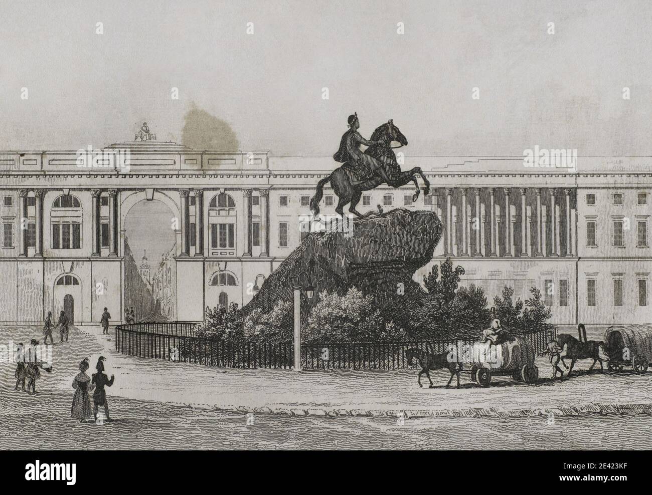 Russia, San Pietroburgo. Bronzo Horseman. Statua equestre di Pietro il Grande nella Piazza del Senato. Monumento al fondatore di San Pietroburgo per ordine dell'imperatrice Caterina la Grande. Incisione di Lemaitre, Danvin e Cholet. Storia della Russia di Jean Marie Chopin (1796-1870). Panorama Universal, edizione spagnola, 1839. Foto Stock