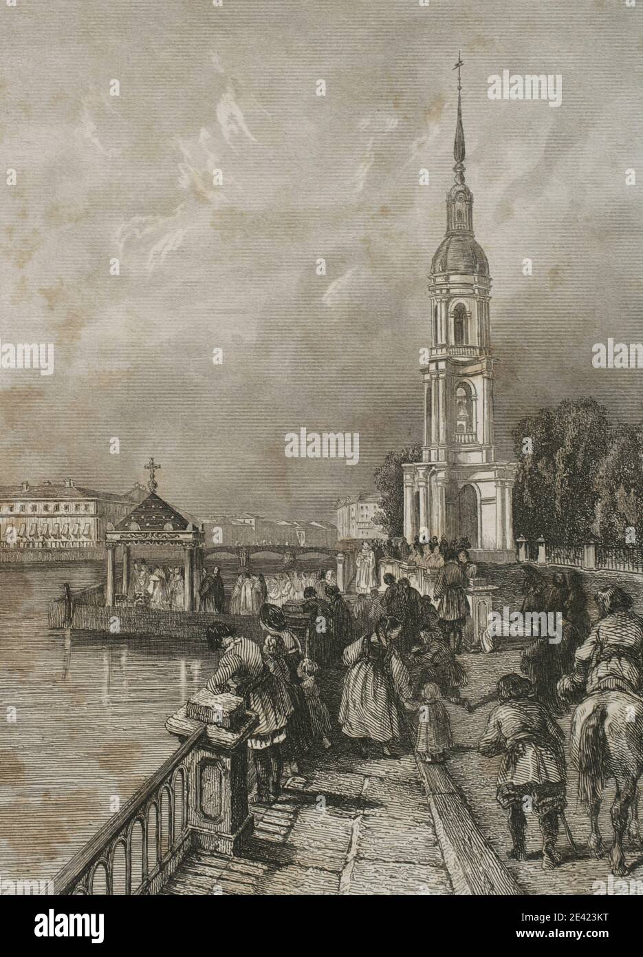Russia, San Pietroburgo. Campanile della Cattedrale Navale di San Nicola (1753-1762). È stato progettato dall'architetto Savva Chevakinsky nello stile barocco elisabettiano. Incisione di Lemaitre e Lalaisse. Storia della Russia di Jean Marie Chopin (1796-1870). Panorama Universal, edizione spagnola, 1839. Foto Stock