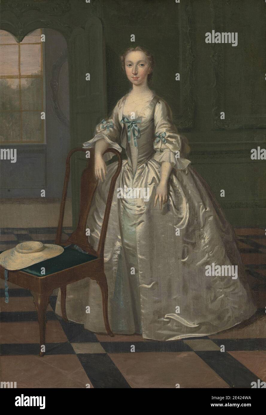 Arthur Devis, 1712â–1787, British, A Lady in a Drawing Room, tra il 1740 e il 1741. Olio su tela. Blu , sedia , salotto , cappello , interno , ritratto , finestra Foto Stock