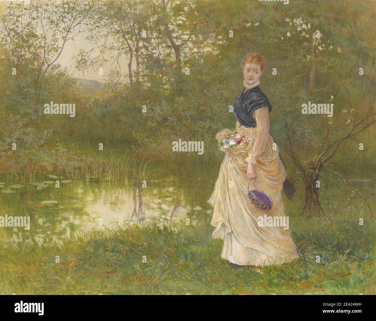 Henry Towneley Green, 1836â–1899, inglese, accanto al Lily-Pond, 1869. Acquerello e gouache su grafite moderatamente spessa, liscia, carta wove crema. Abito , piume , fiori (piante) , genere soggetto , paesaggio , giglio pad , pavone , stagno , donna Foto Stock