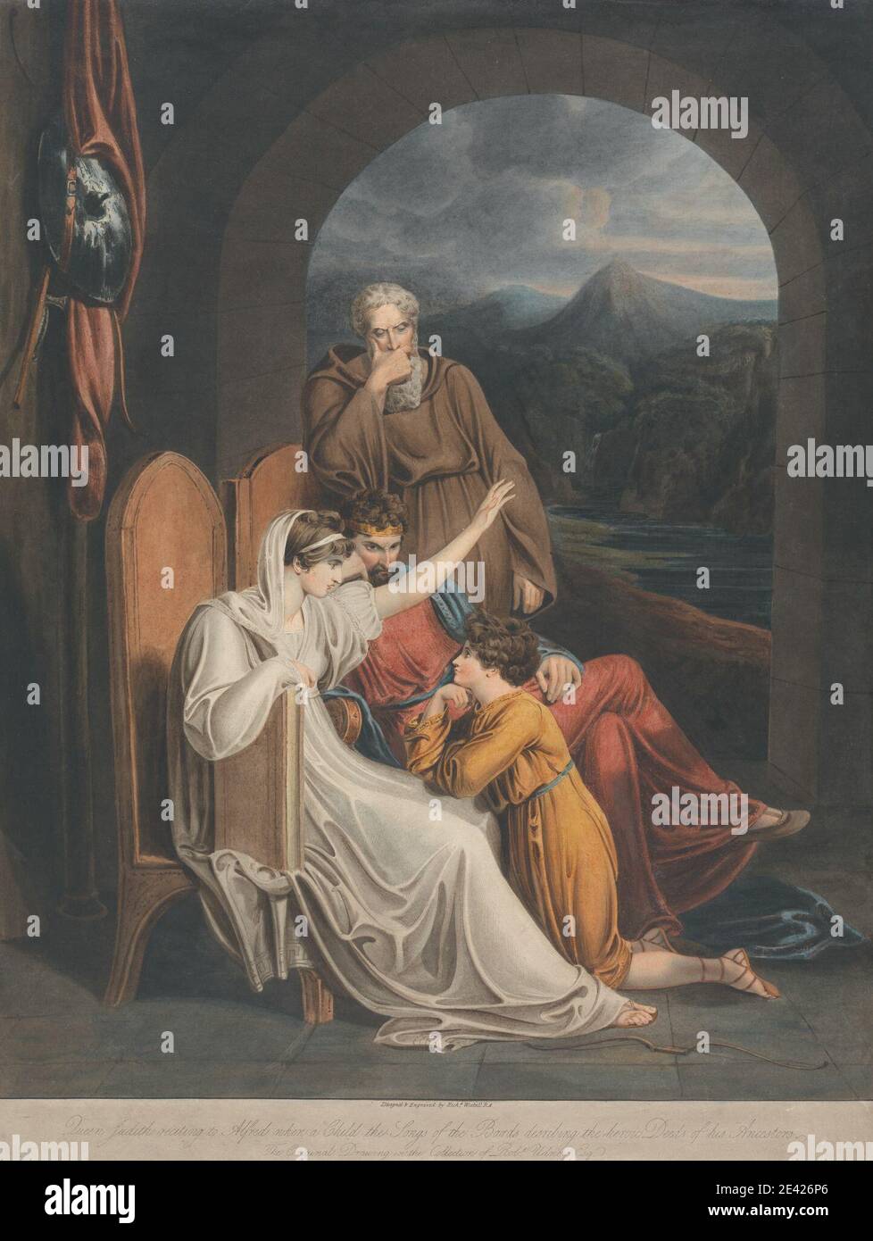 Richard Westall, 1765â–1836, britannico, la regina Judith recita ad Alfred quando un bambino. Incisione, metodo misto su carta media, leggermente testurizzata, crema, wove. Foto Stock