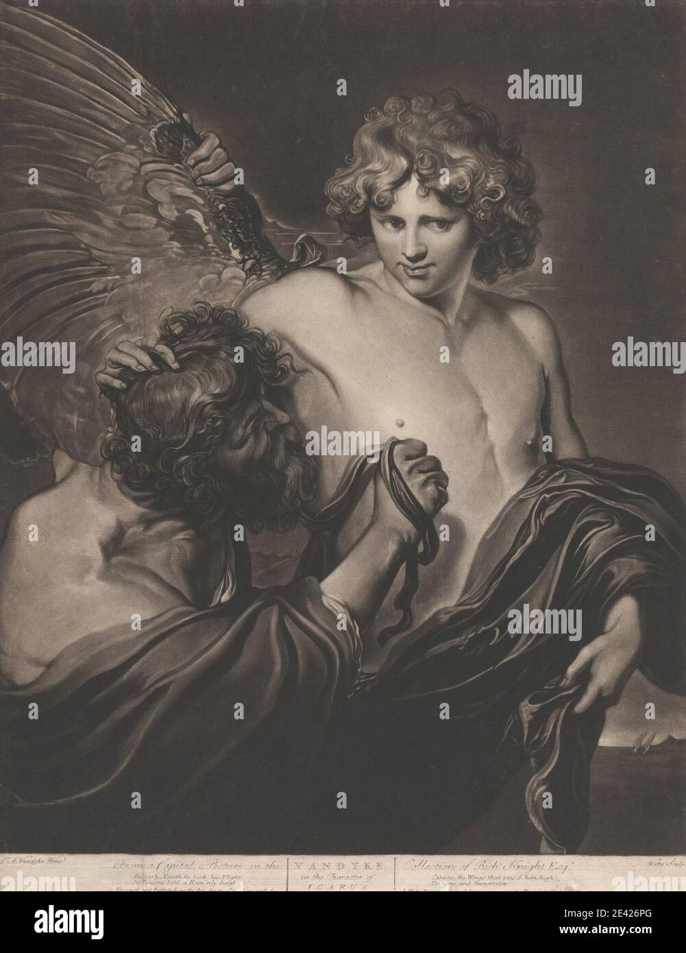 Stampa di John Watts, Active 1766â–1786, Van Dyke nel personaggio di Icarus, 1778. Mezzotint su moderatamente spesso, moderatamente testurizzato, crema, carta posata. Tessuto , ricci , allacciatura , padre , inventore , soggetto religioso e mitologico , figlio , ali , gioventù. Daedalus Van Dyck, Sir Anthony Icarus Foto Stock