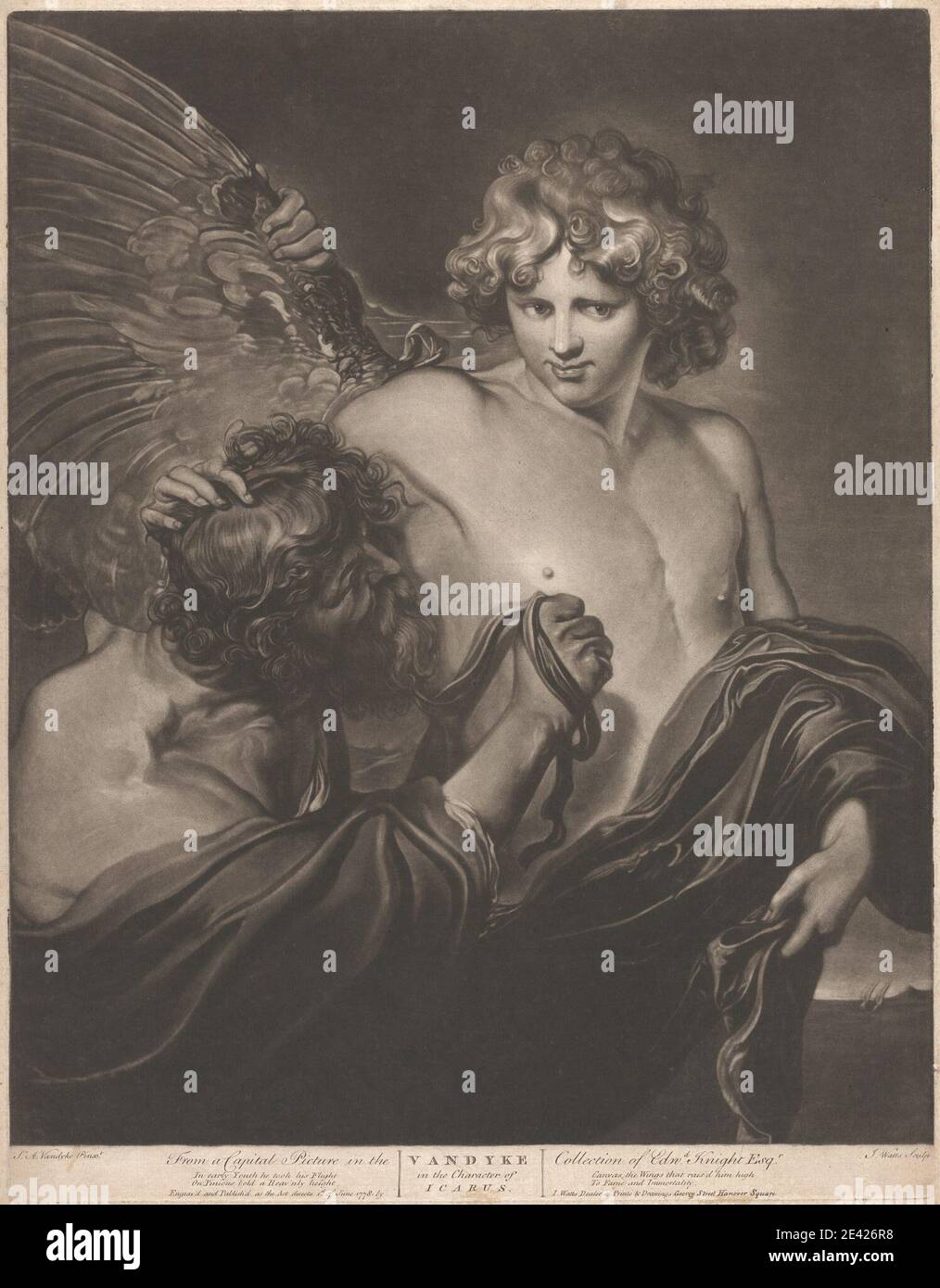 Stampa di John Watts, Active 1766â–1786, Van Dyke nel personaggio di Icarus, 1778. Mezzotint su moderatamente spessa, moderatamente testurizzata, beige, carta posata. Stoffa , ricci , allacciatura , padre , inventore , soggetto religioso e mitologico , figlio , ali , gioventù. Daedalus Van Dyck, Sir Anthony Icarus Foto Stock