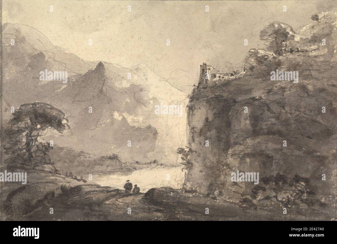 William Gilpin, 1724â–1804, inglese, paesaggio roccioso con due figure su un percorso nel centro, tra il 1745 e il 1748. Lavaggio grigio e marrone con pennello e inchiostro grigio su grafite su carta di wove crema moderatamente spessa, preparata con lavaggio giallo. Scogliere , figure , paesaggio , montagne , percorso , strada , rocce (forme di terra) , viaggio , alberi , camminare Foto Stock