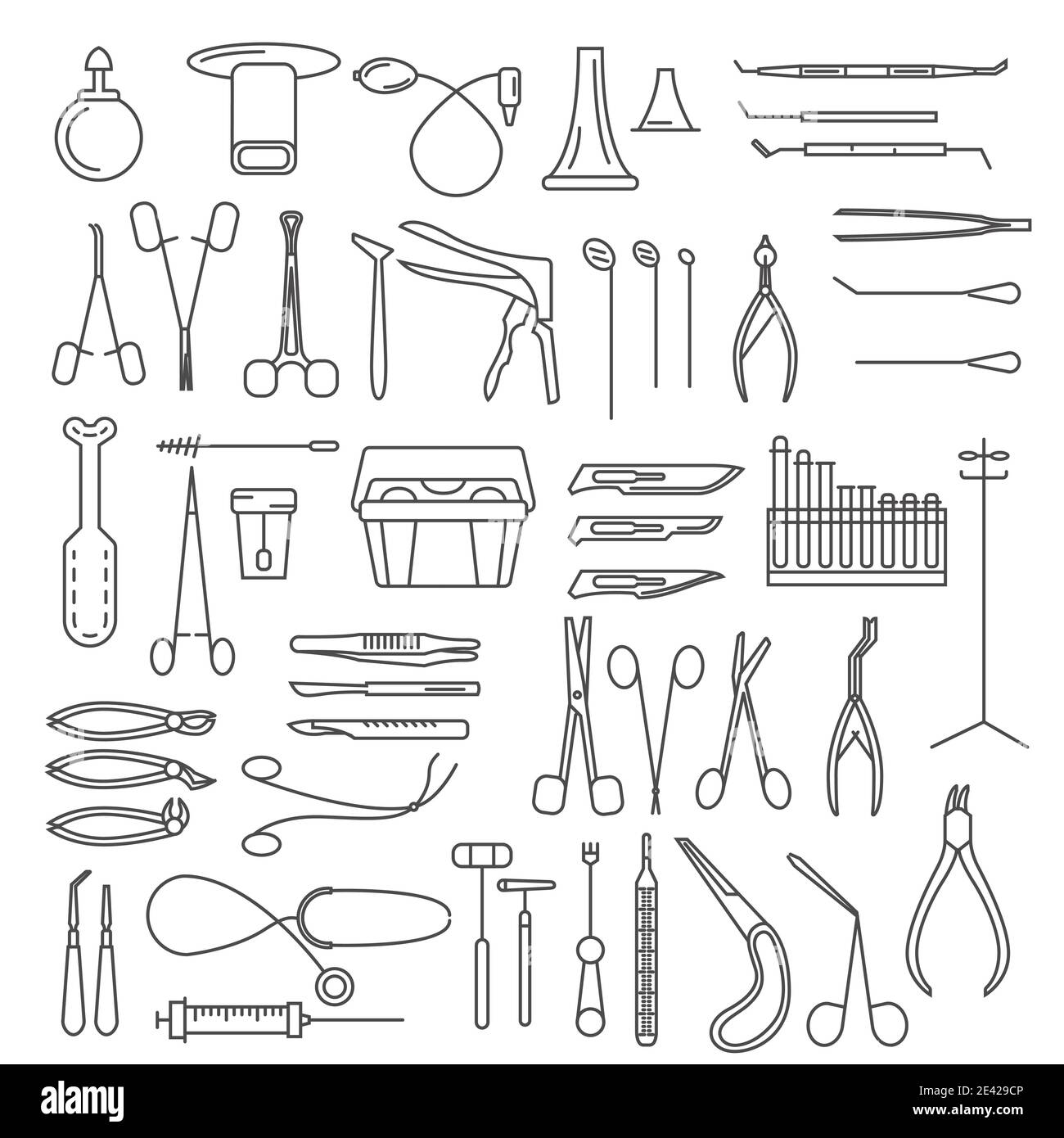 Set di icone lineari sottili per strumenti medicali. Ginecologia, otorinolaringologia, odontoiatria, chirurgia, terapia e altro. Illustrazione vettoriale Illustrazione Vettoriale