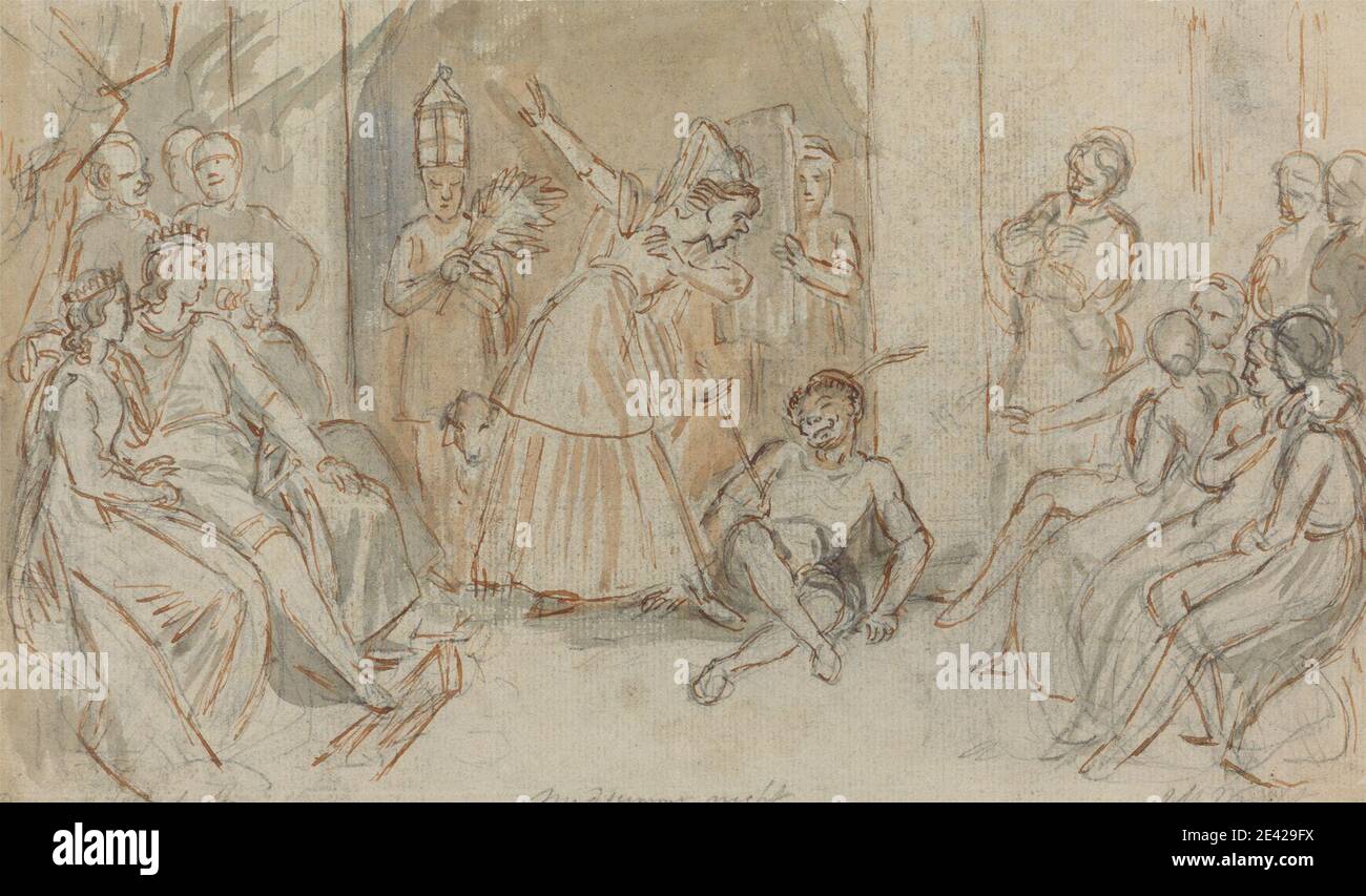 John Massey Wright, 1777–1866, British, The Rustics si esibiscono da "A Midsummer Night's Dream", Undated. Acquerello con inchiostro marrone su grafite su carta di spessore moderato, leggermente testurizzata, di colore beige. A Midsummer Night's Dream, opera di William Shakespeare , attori , cappello , colonne , corte (gruppo sociale) , corone , abiti , piuma , studio di figura , gesturing , tubo (calze) , tema letterario , uomini , miter , palazzo , fronte di palma , spettacolo , giocare , Opere di William Shakespeare , la balla d'inverno, recita da William Shakespeare , matrimonio , donne. Shakespeare, William (1564–1616), drammaturgo e. Foto Stock