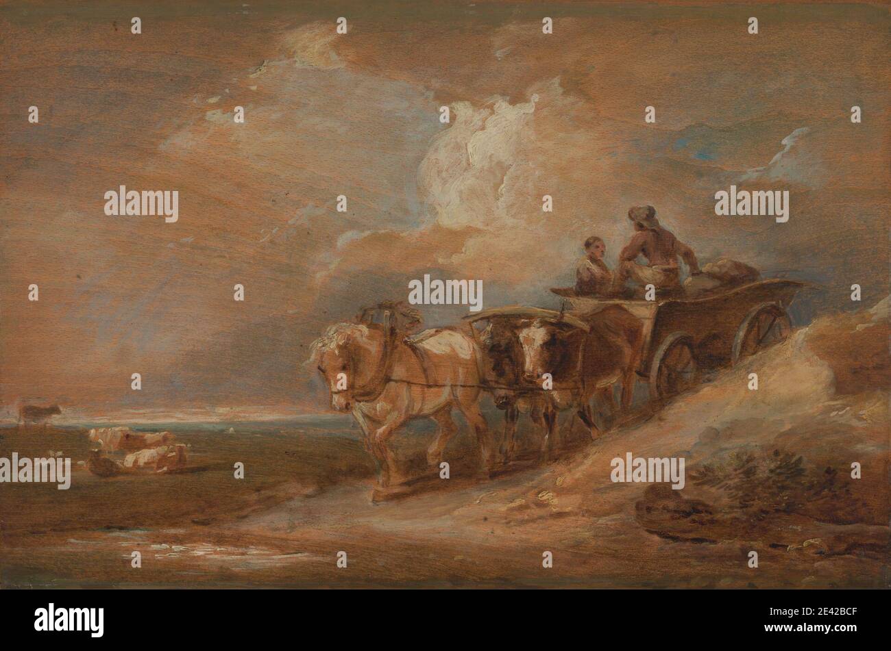 Philippe-Jacques de Loutherbourg, 1740â-1812, francese, attivo in Gran Bretagna (dal 1771), Paesaggio con Cavallo e Cart di buoi, dal 1770 al 1780. Olio su pannello. Carrello , campo , cavallo (animale) , paesaggio , uomini , buoi , pecore , carro , giogo Foto Stock