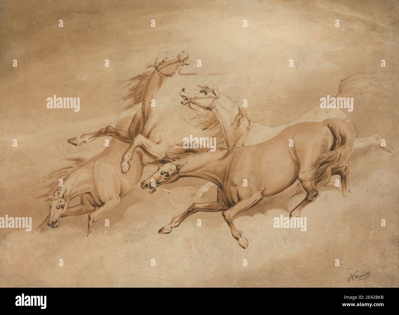 Samuel Howitt, 1756â–1822, inglese, quattro cavalli di Galloping, senza dati. Inchiostro di penna e marrone e lavaggio di marrone su carta media, leggermente testurizzata, crema posata. Galoppo , cavalli (animali) Foto Stock
