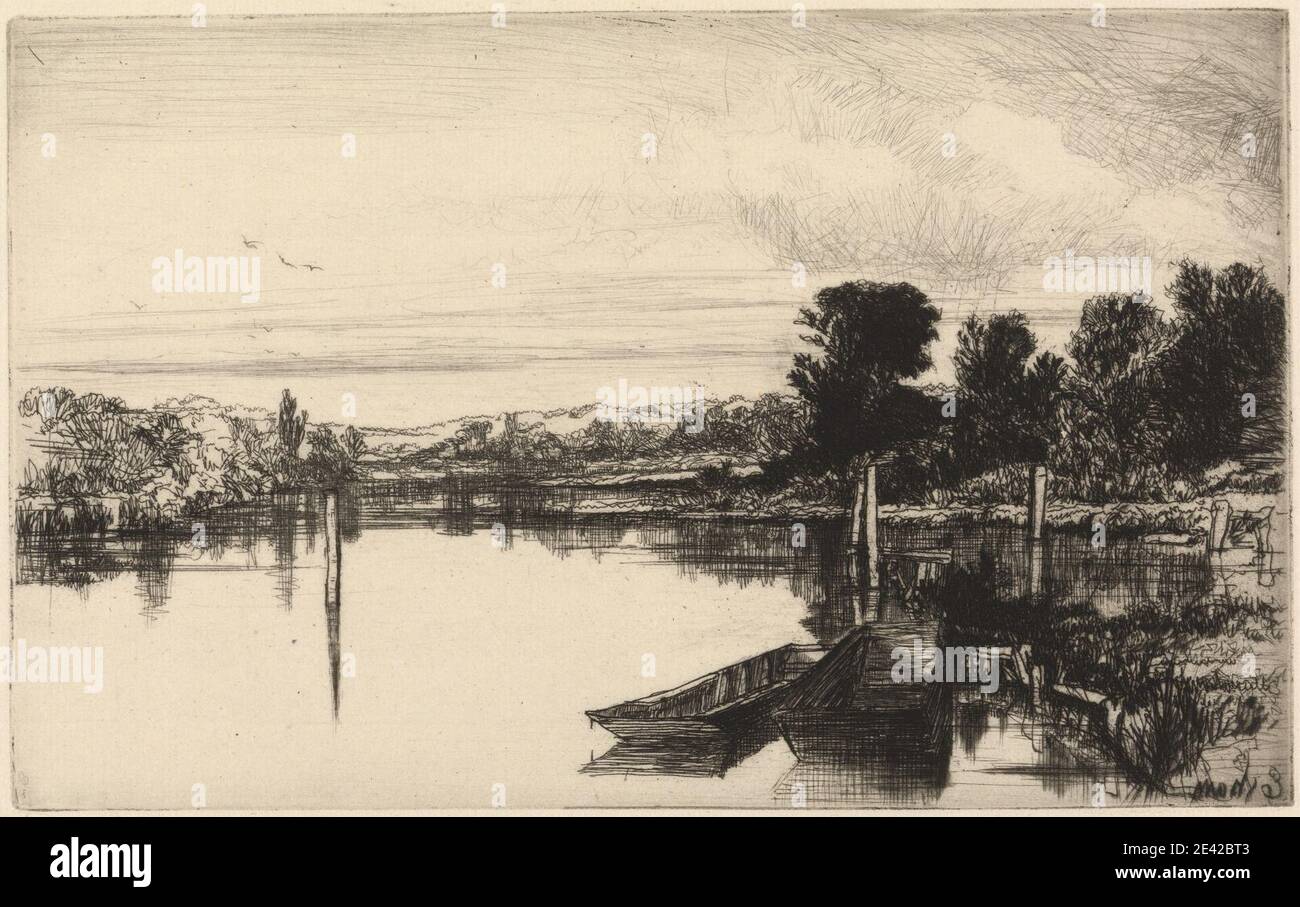 Francis Seymour Haden, 1818â–1910, British, Egham, 1859. Incisione e secchezza, con tono piatto su carta media, leggermente testurizzata, crema posata. Banche , uccelli , barche , gommoni , jetty (divisione edilizia) , paesaggio , ormeggio , pali , canne , riflessi , fiume , cielo , alberi , acqua. Egham , Inghilterra , Europa , Surrey , Tamigi , Regno Unito Foto Stock