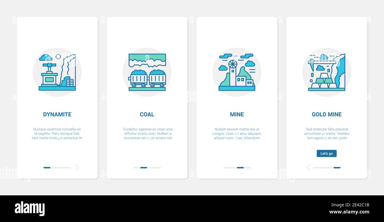 Illustrazione vettoriale dell'industria mineraria dell'oro del carbone. UX, UI onboarding mobile app page set con line mine, estrazione industriale di minerali in cava sotterranea, barre d'oro simboli dinamite Illustrazione Vettoriale