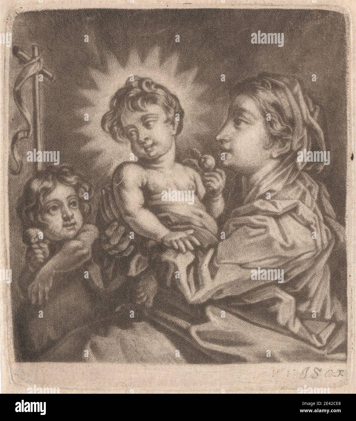 Stampa realizzata da William Vincent, attivo 1680, inglese, Vergine, Cristo Bambino e San Giovanni, 1680. Mezzotint (con lettere) su medio, leggermente testurizzato, crema, carta deat. Mele , striscione , bambini , cristianesimo , croce (motivo) , alone , tenuta , tenuta , madre , profilo , canna , soggetto religioso e mitologico. Gesù San Giovanni Battista la Vergine Maria Foto Stock