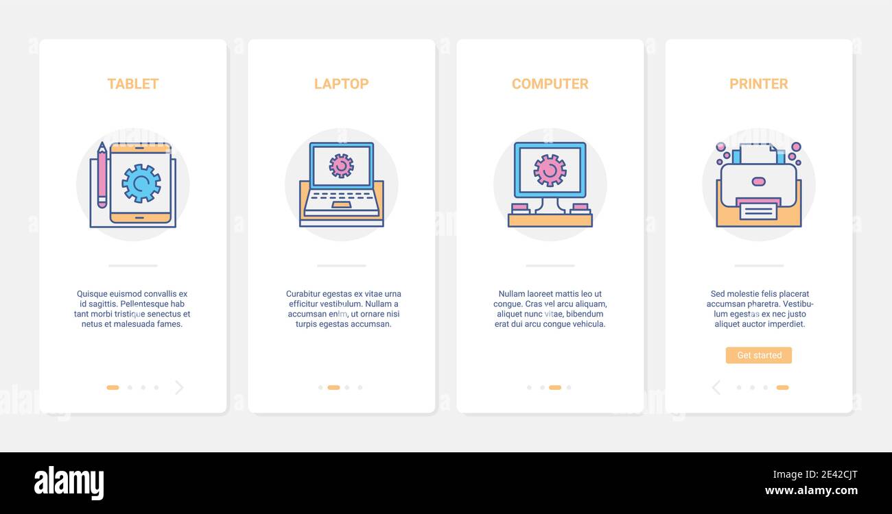 Elettrodomestici per l'illustrazione vettoriale del lavoro freelance. UX, UI onboarding mobile app page set con line computer freelance apparecchiature per il lavoro, stampante tablet simboli laptop Illustrazione Vettoriale