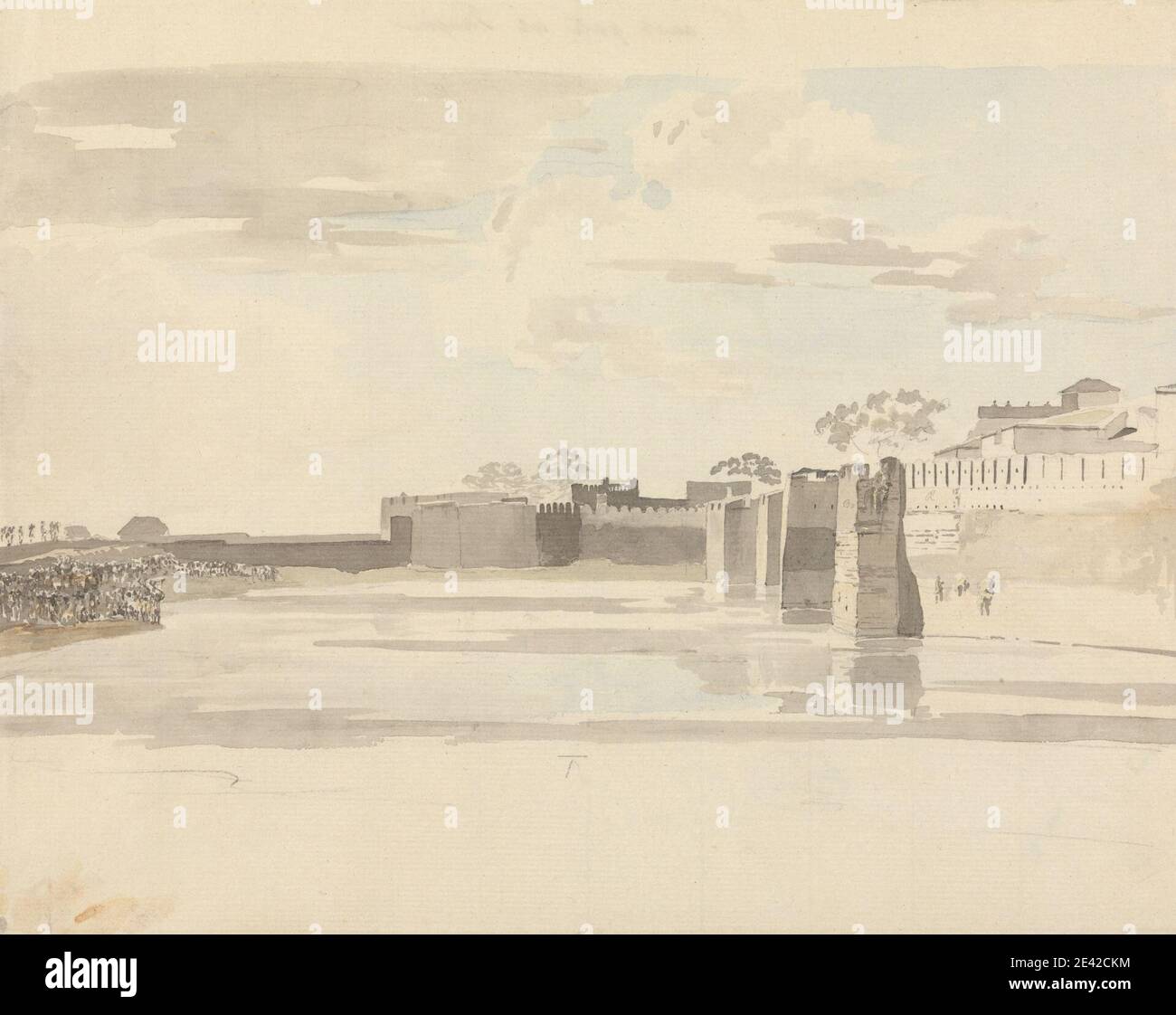 Samuel Davis, 1757â–1819, British, The East Gate at Tanjore (S. India), tra il 1777 e il 1808. Lavaggio grigio, lavaggio marrone e grafite su carta media, leggermente testurizzata, crema. Soggetto architettonico , cancello , fossato , parete. Asia , Tanjore Foto Stock