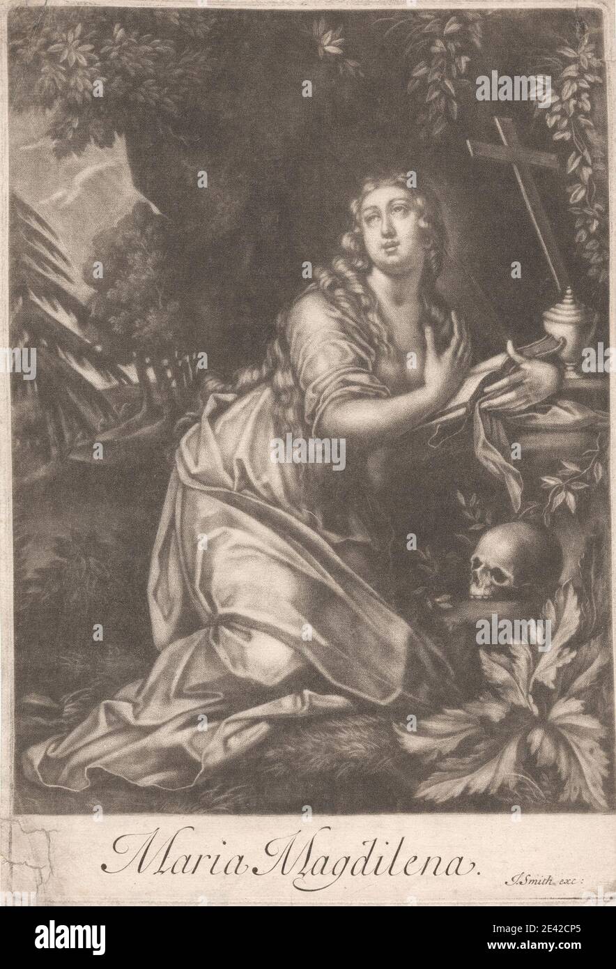 Stampa di John Smith, 1652â–1743, inglese, Maria Magdilena, non datata. Mezzotint su carta media, leggermente testurizzata, bianca e arrossata. Libro , cura del corpo, igiene , cristianesimo , contemplazione , croce (motivo) , crocifisso , fede , foresta , alone , ascolto , preghiera , cranio , alberi , viti , donna. Maria Maddalena Foto Stock