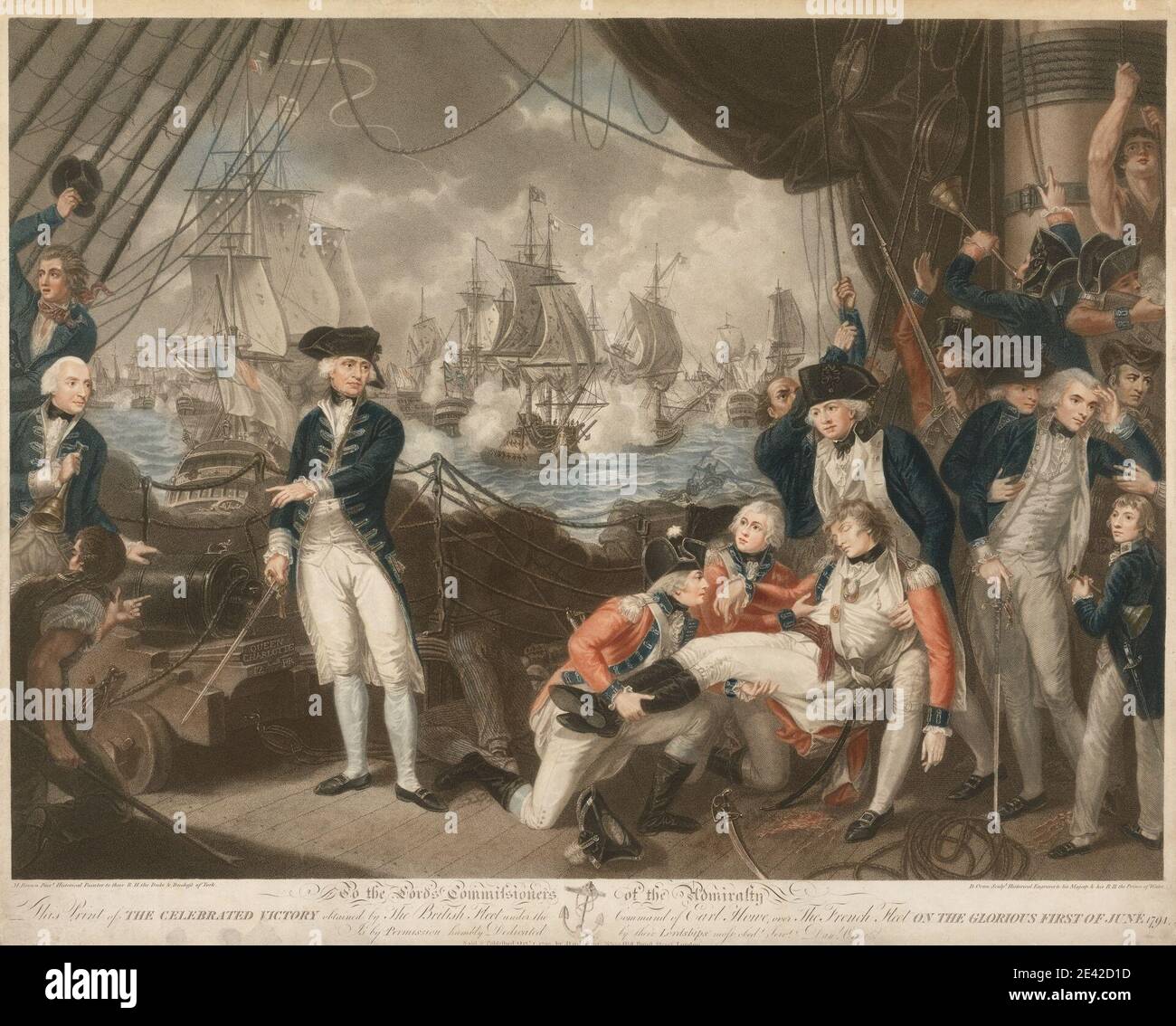 Stampa realizzata da Daniel Orme, 1766â–1837, British, la celebre vittoria ... il glorioso primo del 1794 giugno 1795. Incisione e incisione con stampa a colori con colorazione a mano ad acquerello su carta media, leggermente testurizzata, crema. Foto Stock