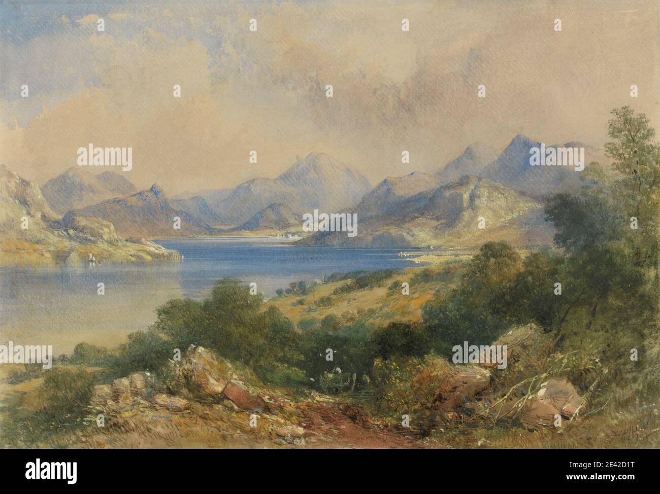 Thomas Colman Dibdin, 1810â–1893, inglese, paesaggio montano con un lago, 1867. Acquerello, con penna, in inchiostro marrone, gouache e grafite su carta spessa, ruvida, beige, wove. Foto Stock