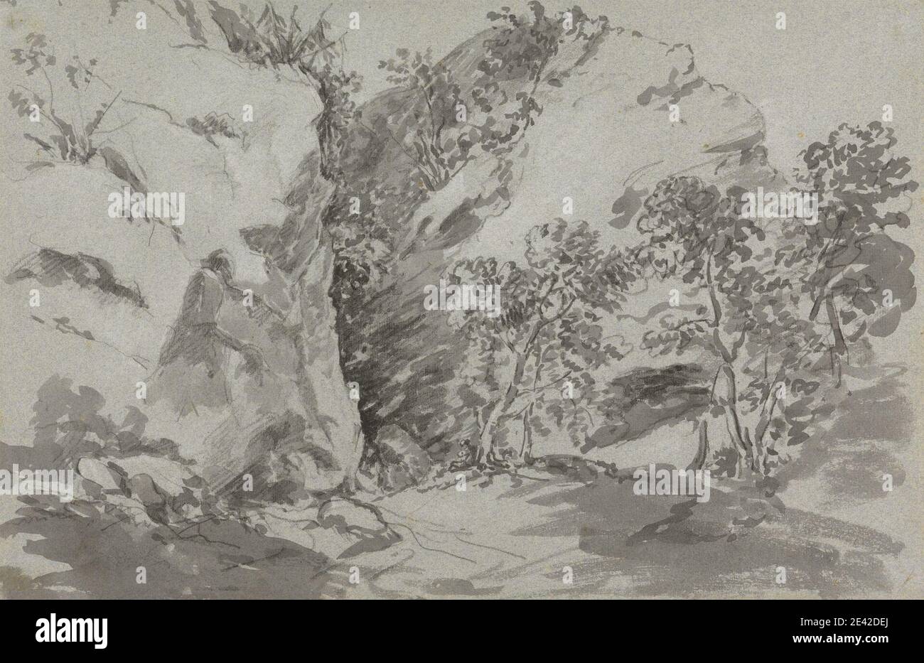 Sir George Howland Beaumont 7nd Baronet, 1753â–1827, British, Valley of Gothe, 1819. Gesso nero e grigio lavano su medio, moderatamente testurizzato, blu, carta posata. Paesaggio , rocce (forme di terra) , alberi Foto Stock
