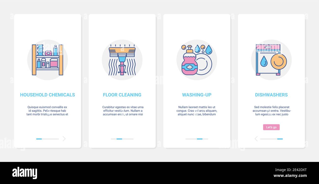 Prodotti per la manutenzione domestica, attrezzature per la pulizia, illustrazione vettoriale. UX, UI onboarding mobile app page set con linea di prodotti chimici per la pulizia domestica, simboli del detergente per lavastoviglie Illustrazione Vettoriale