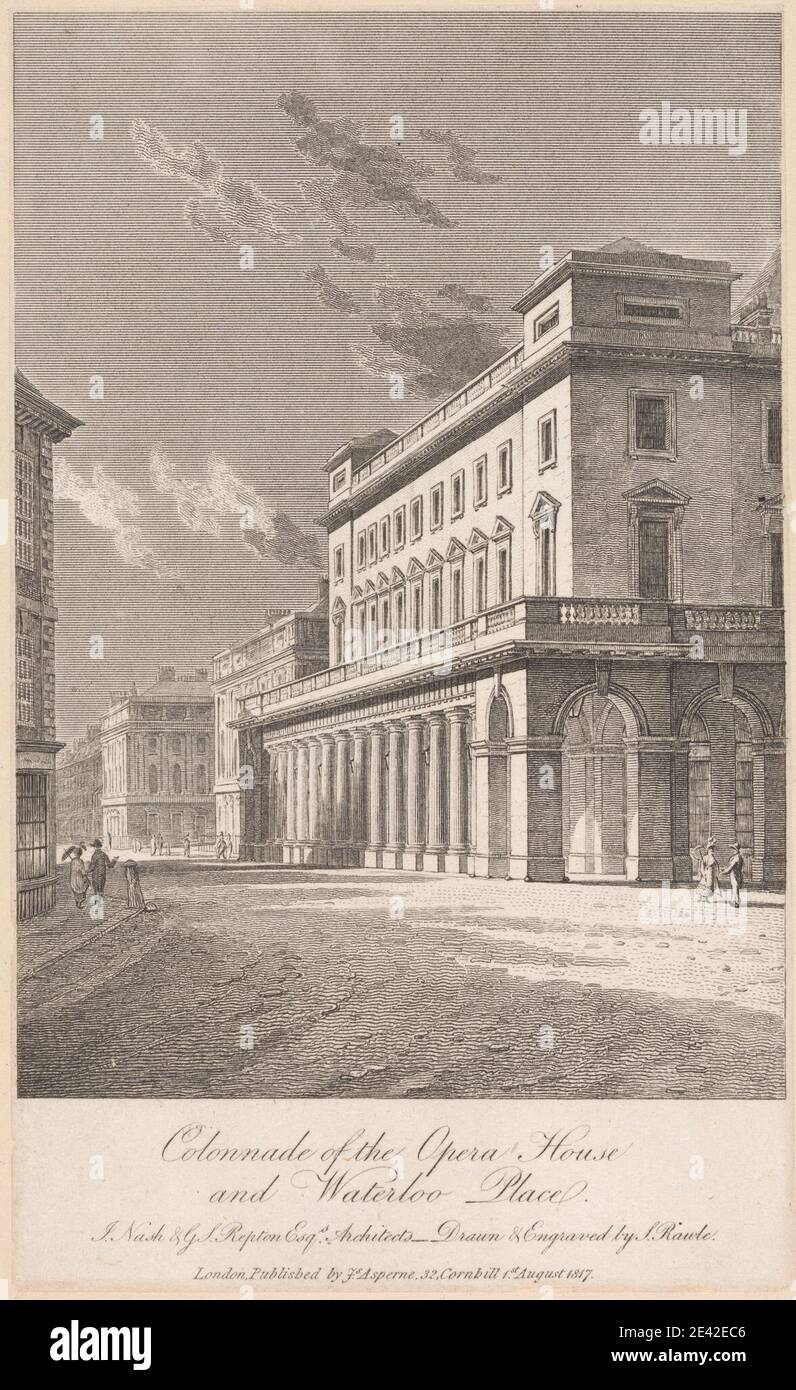 Samuel Rawle, 1771â–1860, British, Colonnade of the Opera House e Waterloo Place, 1817. Incisione. Foto Stock